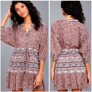 Billabong Boho Floral Mixed Print Marry Mine Taupe and Magenta Dress size M